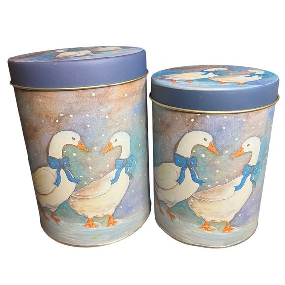 3 Pc Set Tin Nesting Canisters Christmas Winter Goose Ducks Blue Ribbons - Picture 2 of 11